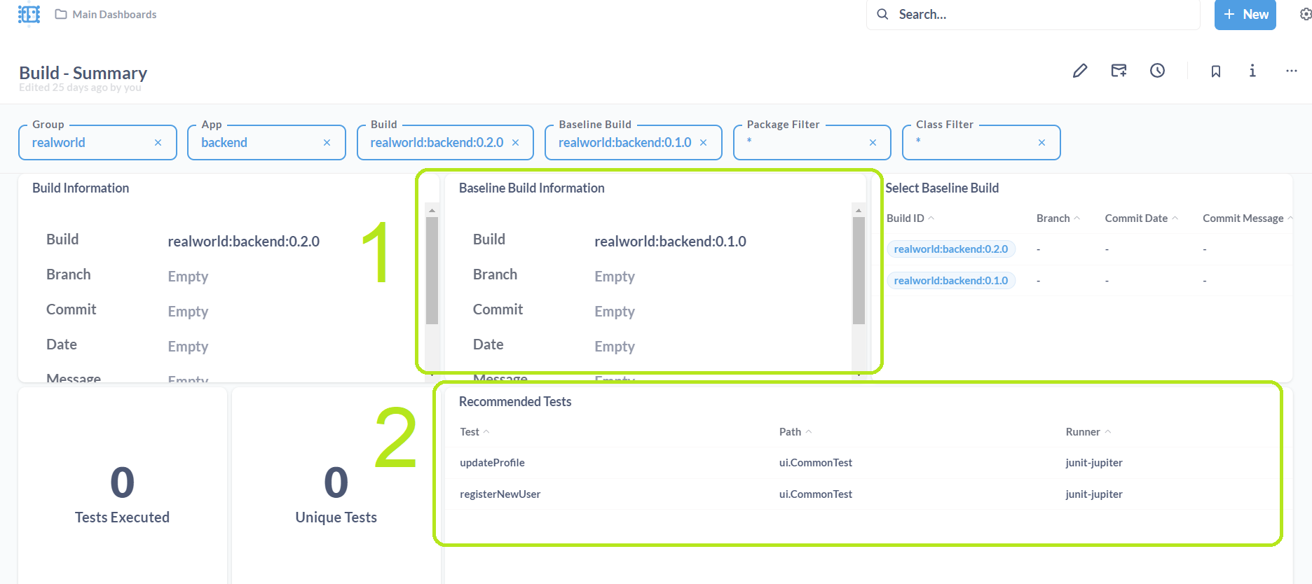 Baseline set - Recommended Tests table appears