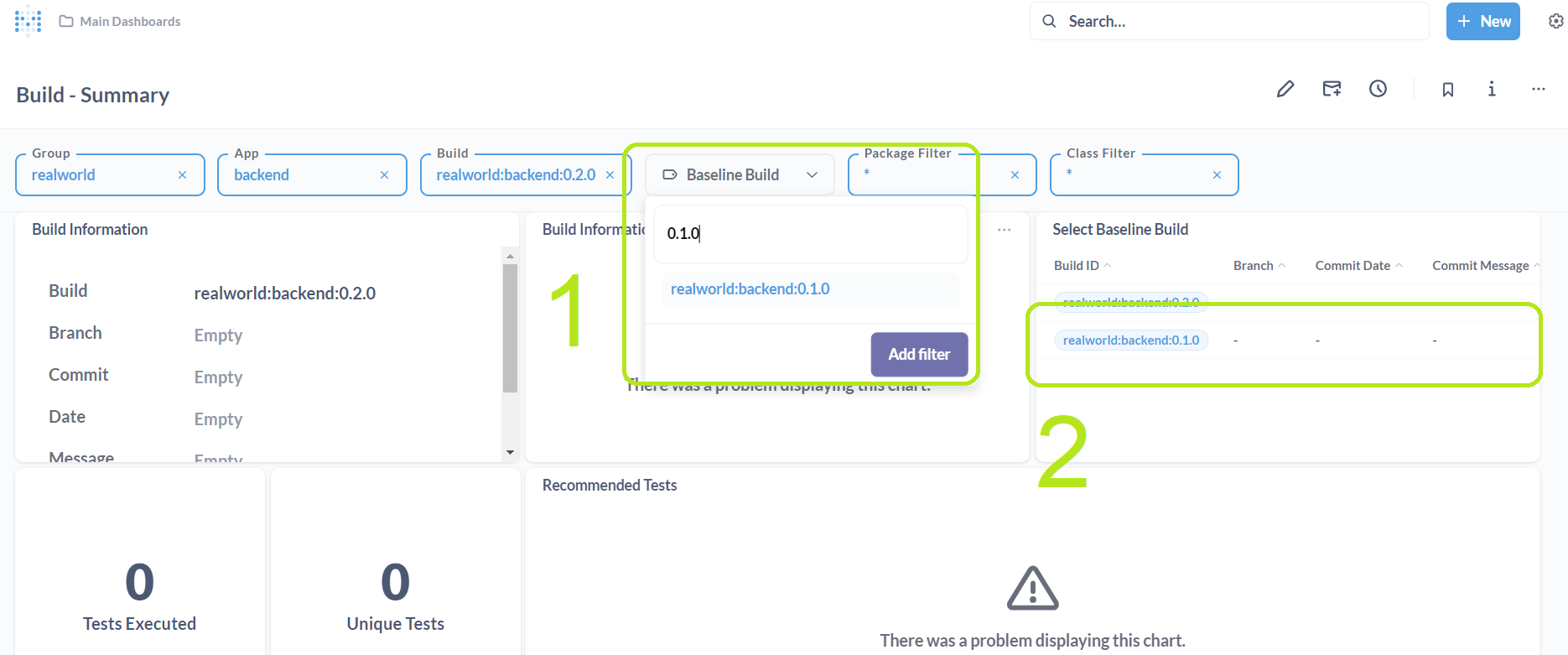 Two ways to set Baseline Build filter value