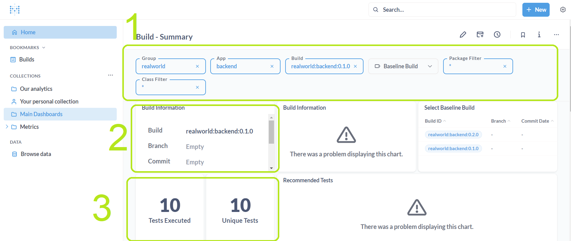 "Build Summary" dashboard header