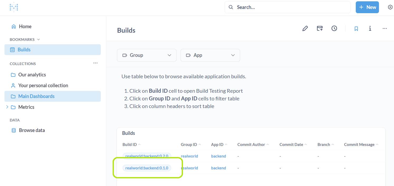 "Builds" dashboard. Link to the build metrics page is highlighted in green