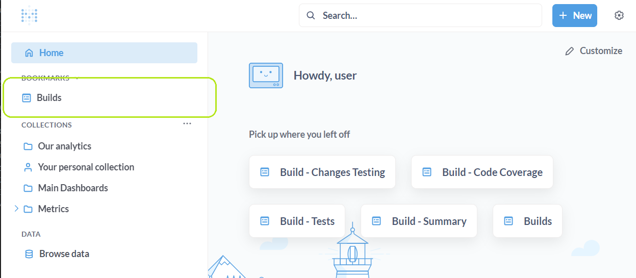 Metabase home page. "Builds" dashboard highlighted in green